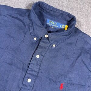Polo Ralph Lauren Button Down Shirt Mens Large Navy Blue 100% Linen Classic Fit